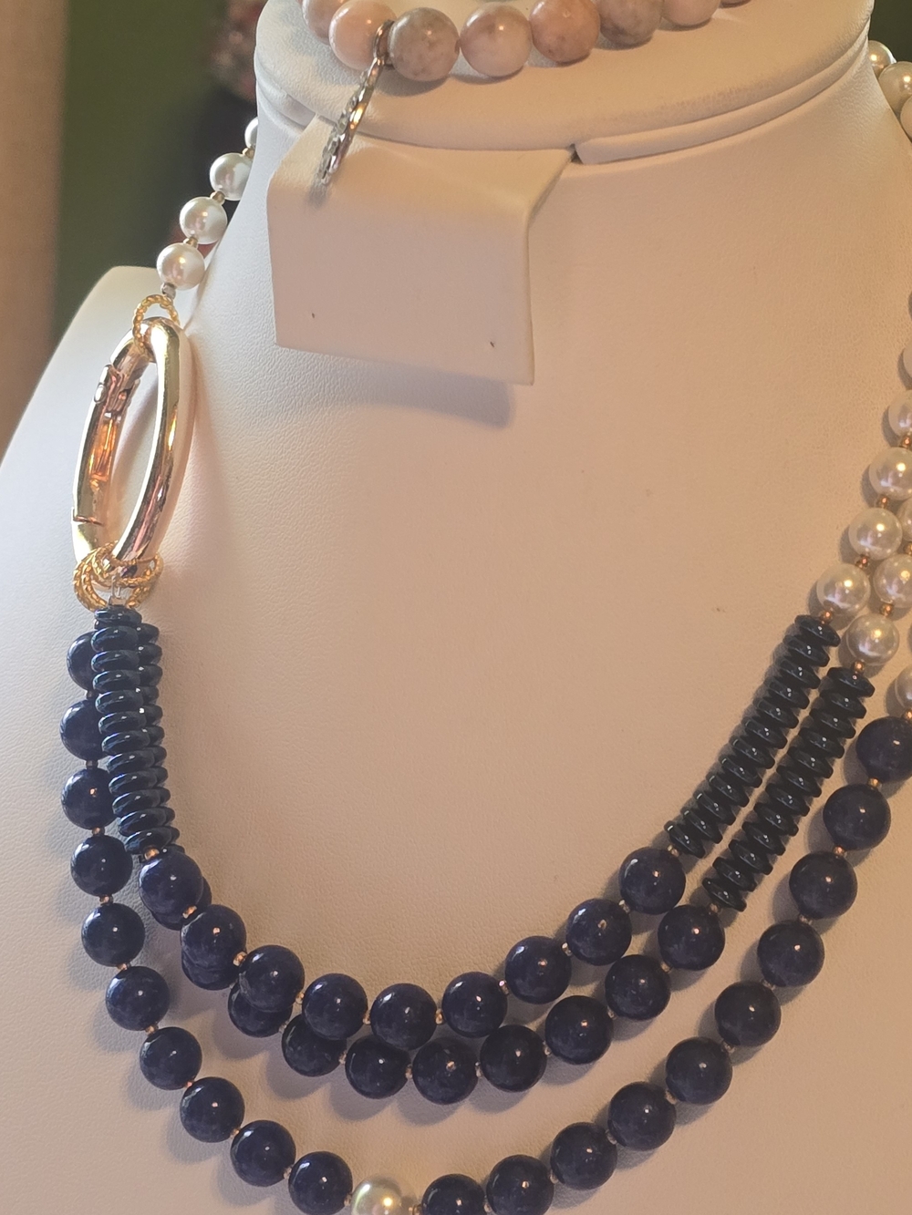 Multi-Strand Navy Bead and Pearl Necklace with Gold Accent